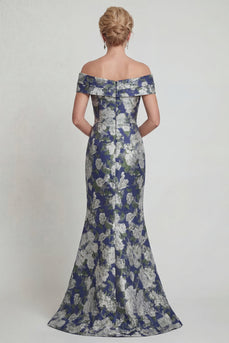 Navy Off the Shoulder Floral Mermaid Long Evening Dress