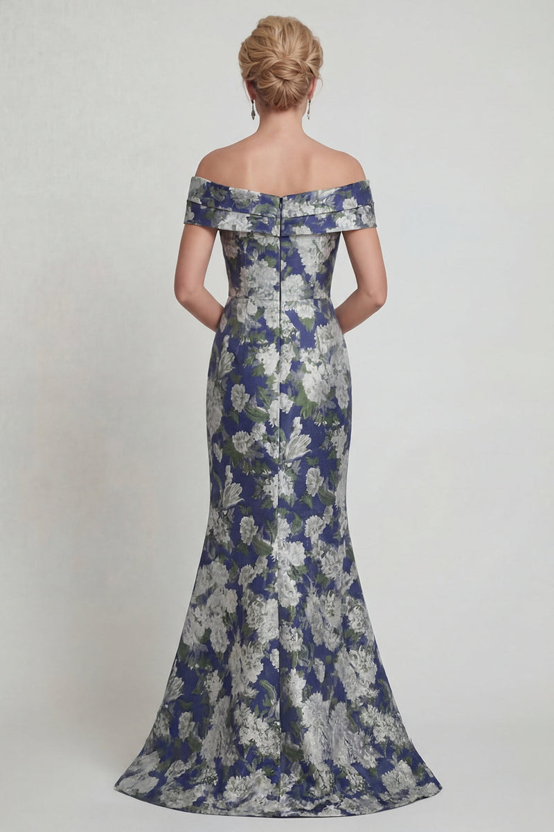 Load image into Gallery viewer, Navy Off the Shoulder Floral Mermaid Long Evening Dress
