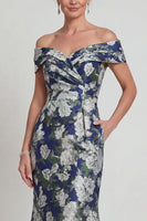 Load image into Gallery viewer, Navy Off the Shoulder Floral Mermaid Long Evening Dress