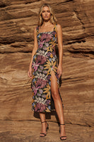 Load image into Gallery viewer, Black Square Neck Floral Long Sheath Prom Dress with Slit