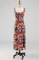 Load image into Gallery viewer, Black Square Neck Floral Long Sheath Prom Dress with Slit