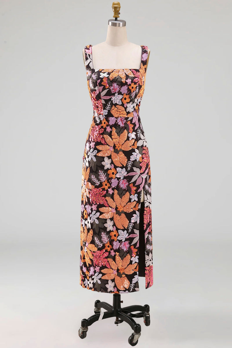 Load image into Gallery viewer, Black Square Neck Floral Long Sheath Prom Dress with Slit