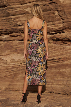 Black Square Neck Floral Long Sheath Prom Dress with Slit