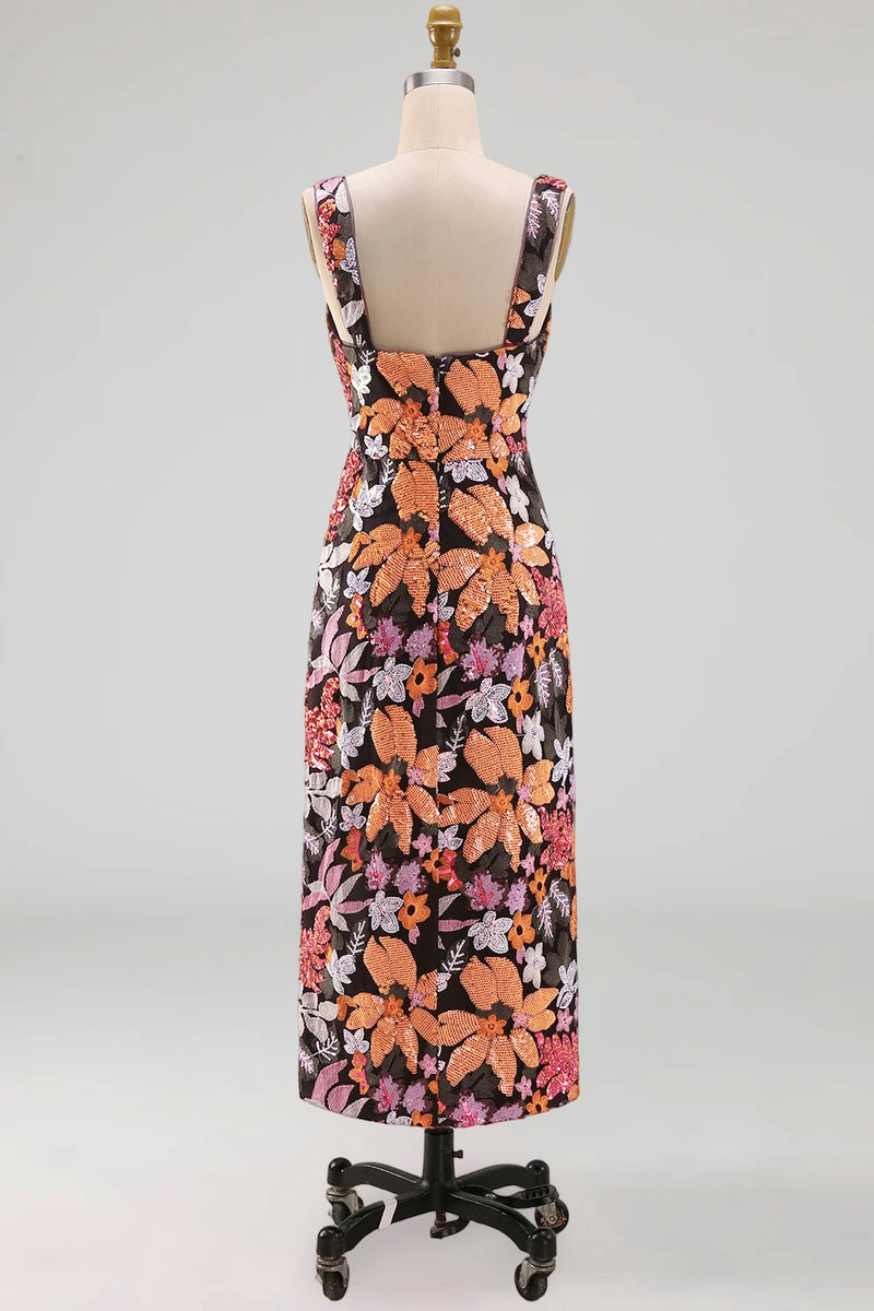 Load image into Gallery viewer, Black Square Neck Floral Long Sheath Prom Dress with Slit