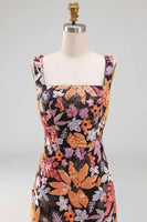 Load image into Gallery viewer, Black Square Neck Floral Long Sheath Prom Dress with Slit