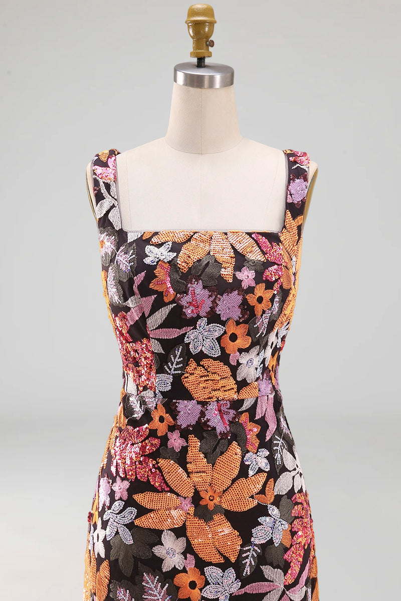 Load image into Gallery viewer, Black Square Neck Floral Long Sheath Prom Dress with Slit