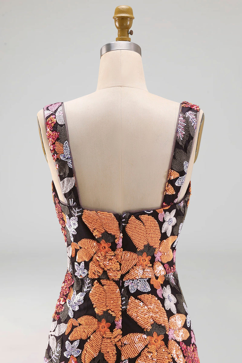 Load image into Gallery viewer, Black Square Neck Floral Long Sheath Prom Dress with Slit