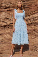 Load image into Gallery viewer, Sparkly Sky Blue A Line Floral Beaded Long Prom Dress with Bows