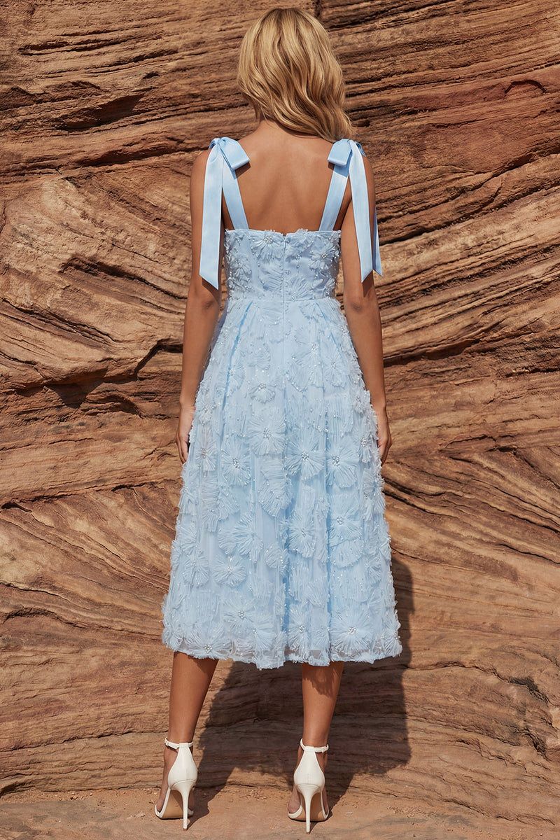 Load image into Gallery viewer, Sparkly Sky Blue A Line Floral Beaded Long Prom Dress with Bows