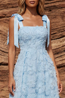 Load image into Gallery viewer, Sparkly Sky Blue A Line Floral Beaded Long Prom Dress with Bows