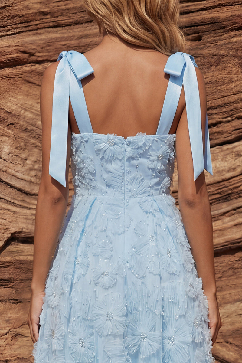 Load image into Gallery viewer, Sparkly Sky Blue A Line Floral Beaded Long Prom Dress with Bows