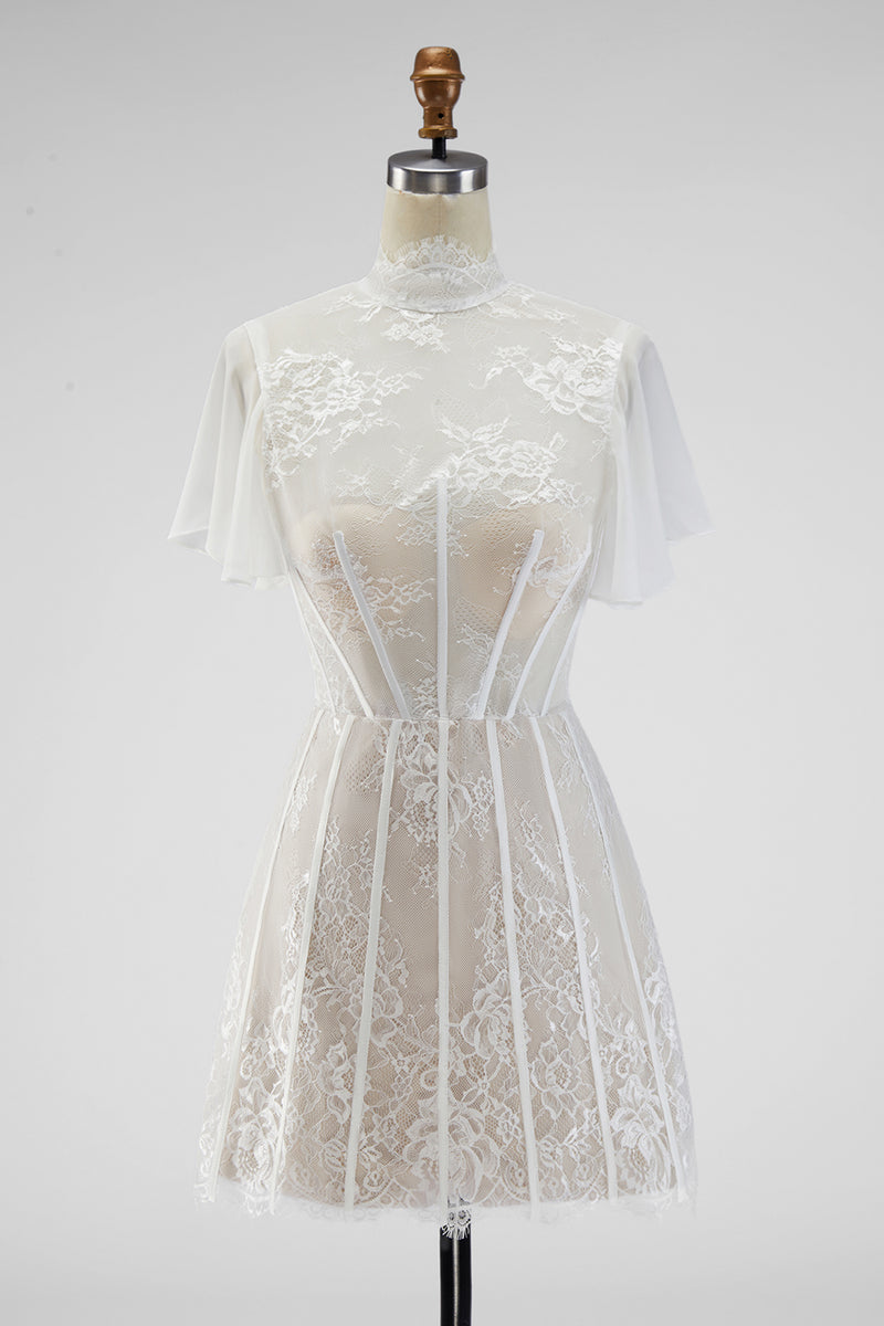 Load image into Gallery viewer, White A Line High Neck Short Corset Graduation Dress with Ruffles