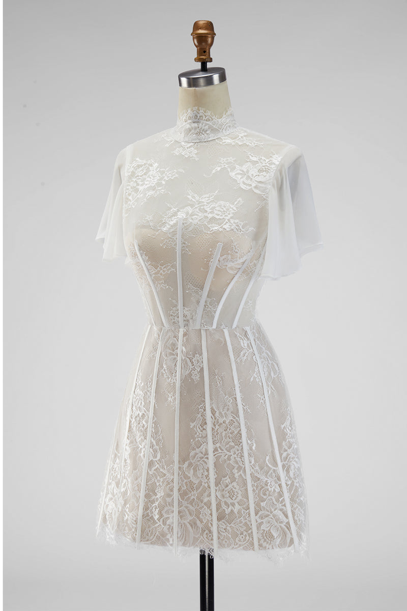 Load image into Gallery viewer, White A Line High Neck Short Corset Graduation Dress with Ruffles