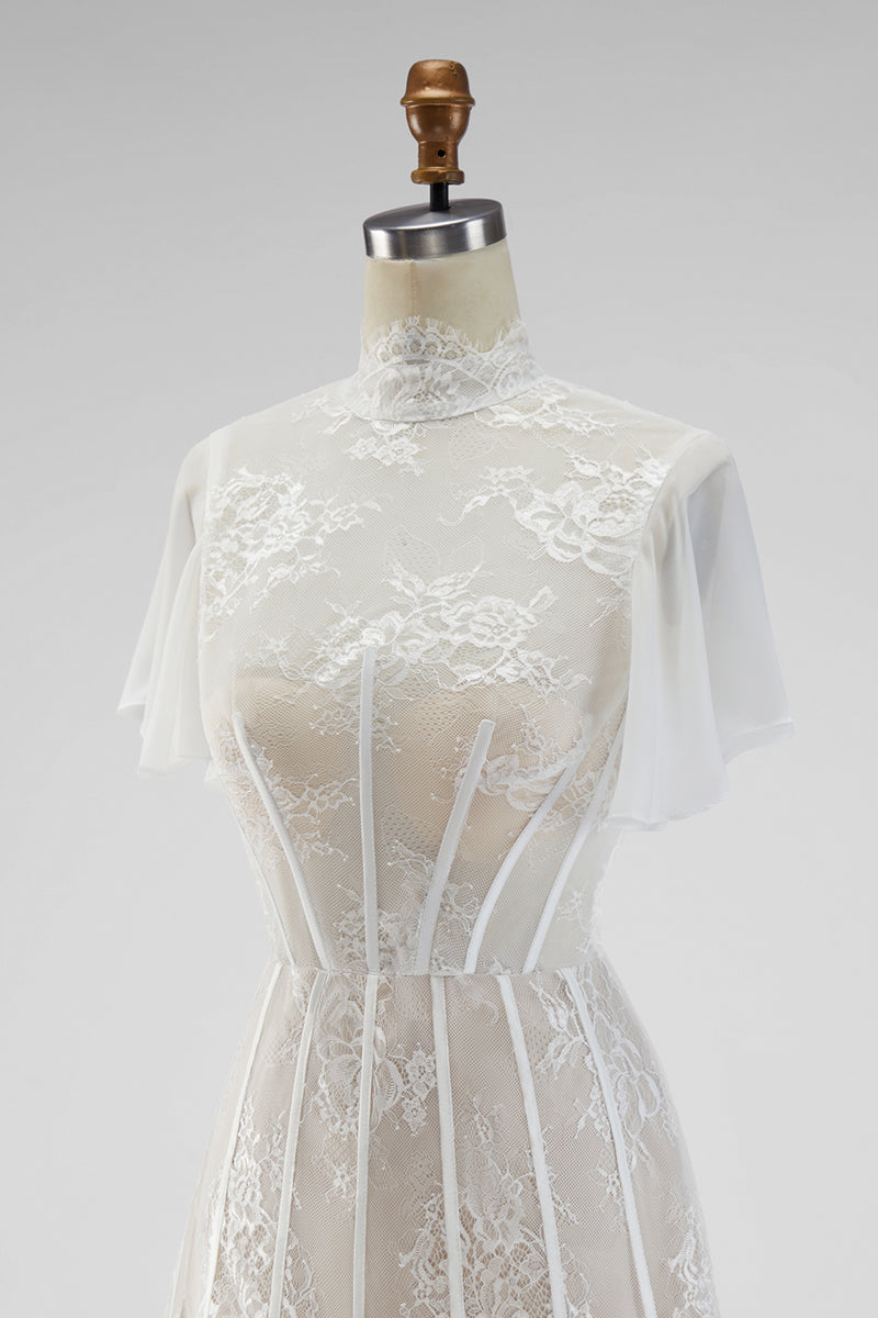 Load image into Gallery viewer, White A Line High Neck Short Corset Graduation Dress with Ruffles