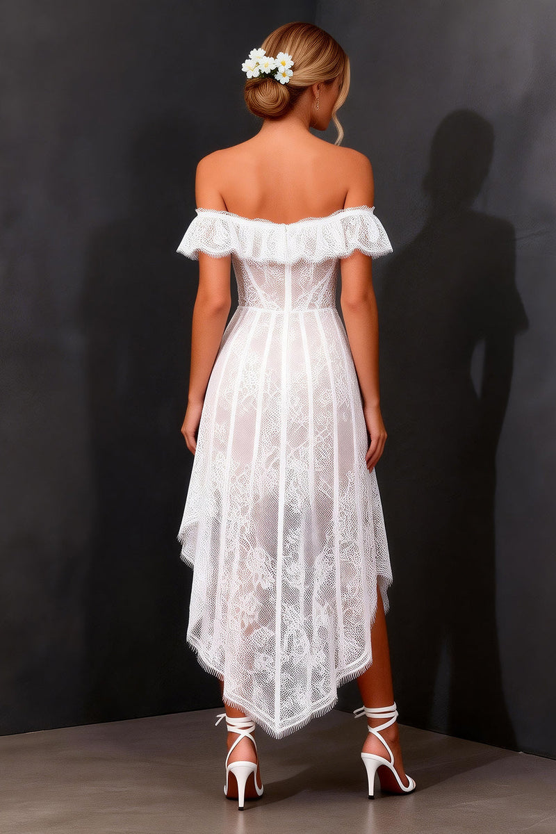 Load image into Gallery viewer, White A Line Off the Shoulder Boho High-Low Corset Bridal Shower Dress