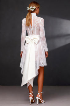 White Corset A Line Boho High-Low High Neck Bridal Shower Dress with Sleeves