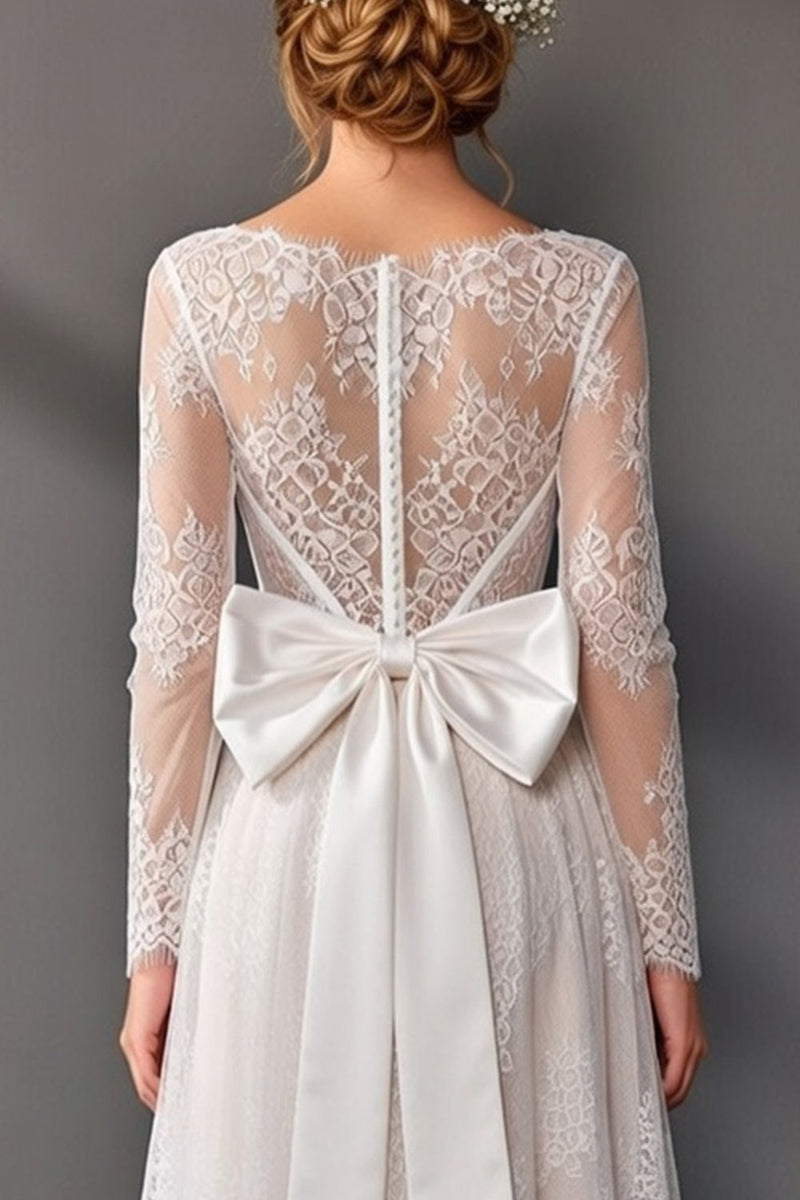 Load image into Gallery viewer, White Boat Neck Long Sleeves High-Low A Line Corset Boho Bridal Shower Dress