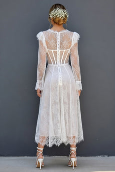 White A Line Ruffled Sleeves Maxi Corset Round Neck Wedding Reception Dress