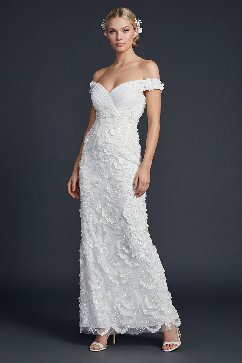 Load image into Gallery viewer, Sparkly White Off the Shoulder Appliqued Maxi Mermaid Boho Wedding Reception Dress