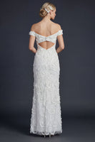 Load image into Gallery viewer, Sparkly White Off the Shoulder Appliqued Maxi Mermaid Boho Wedding Reception Dress