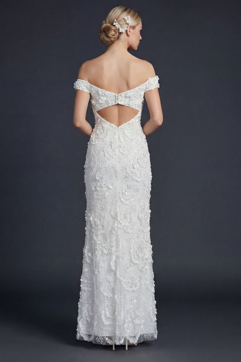 Load image into Gallery viewer, Sparkly White Off the Shoulder Appliqued Maxi Mermaid Boho Wedding Reception Dress