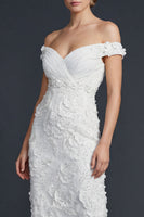 Load image into Gallery viewer, Sparkly White Off the Shoulder Appliqued Maxi Mermaid Boho Wedding Reception Dress