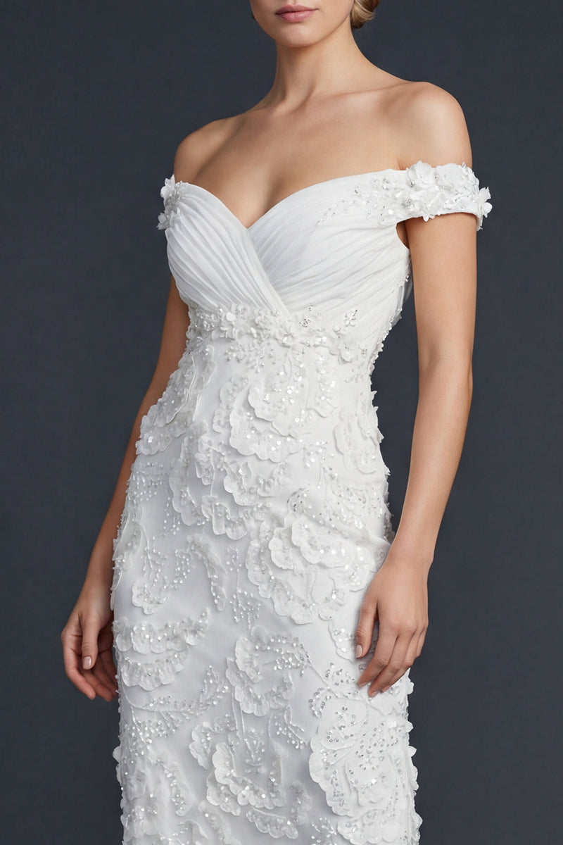 Load image into Gallery viewer, Sparkly White Off the Shoulder Appliqued Maxi Mermaid Boho Wedding Reception Dress