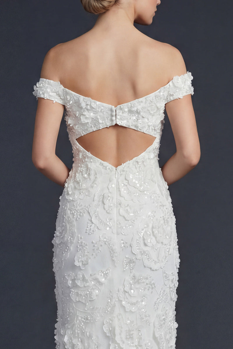 Load image into Gallery viewer, Sparkly White Off the Shoulder Appliqued Maxi Mermaid Boho Wedding Reception Dress