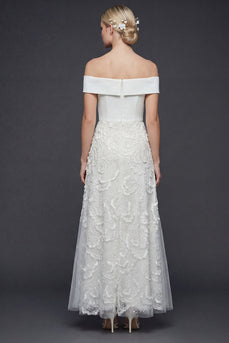 White Floral Off the Shoulder A Line Maxi Boho Wedding Reception Dress with Appliques