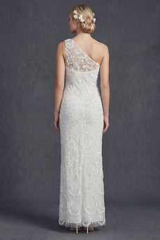 Sparkly White Floral One Shoulder Beaded Mermiad Maxi Wedding Reception Dress with Appliques