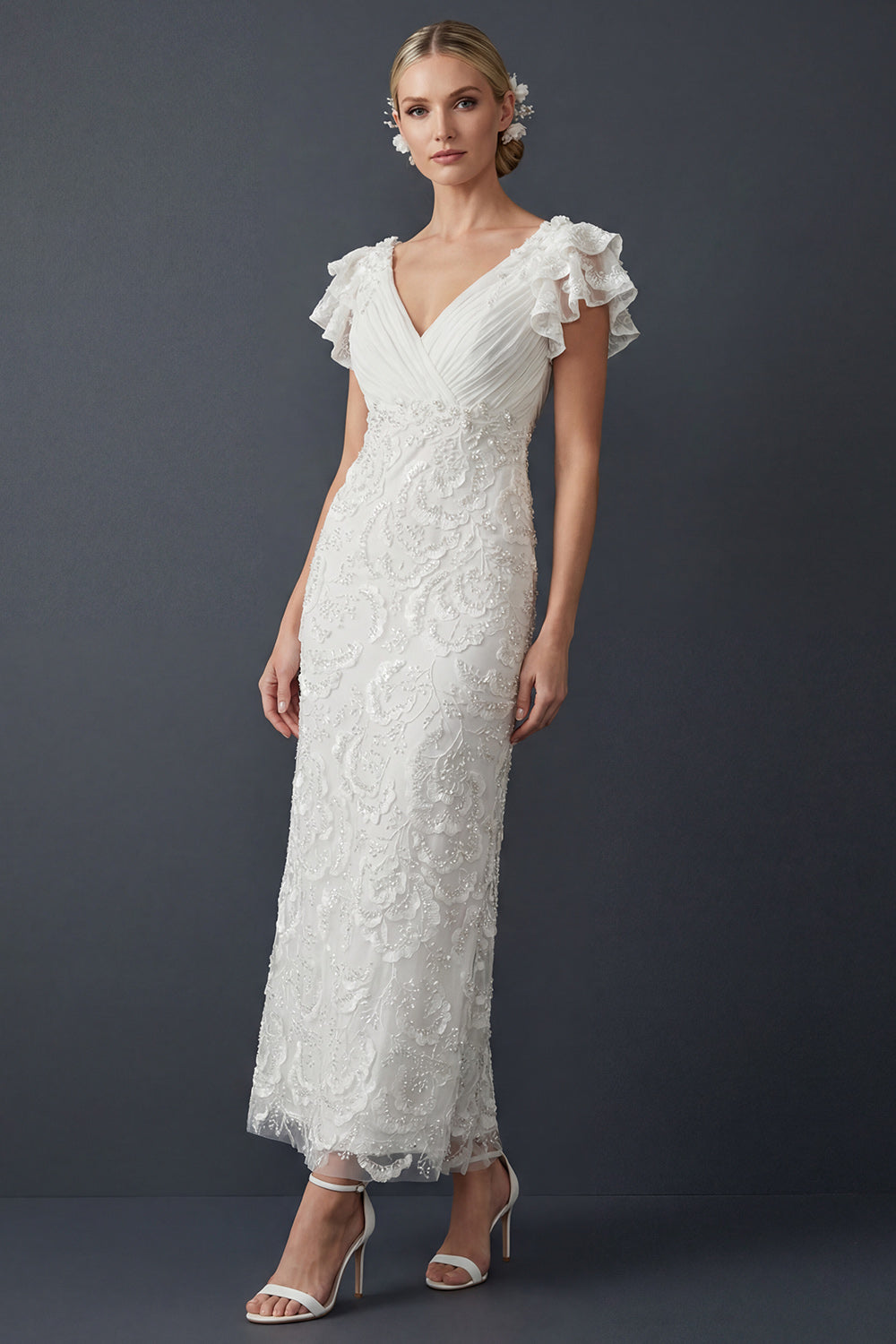 beaded reception dress Queendancer Women Sparkly White Floral Maxi Wedding V Neck Sheath Ruffled Engagement Dress with Appliques – queendancer Color:Brown/Café ASOS Design dressy Tapered exclusive. vosn23-exclusions