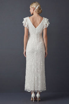 Sparkly White V Neck Beaded Ruffled Boho Sheath Maxi Wedding Reception Dress