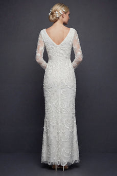 Sparkly White Beaded V-Neck Appliqued Maxi Mermaid Floral Wedding Reception Dress