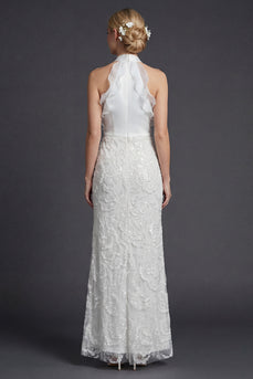 Sparkly White Halter Appliqued Ruffled Long Sheath Wedding Reception Dress