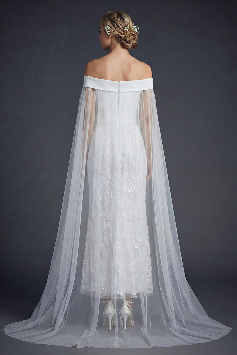 Load image into Gallery viewer, Sparkly White Off the Shoulder Beaded Mermaid Floral Maxi Wedding Reception Dress with Cape