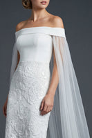 Load image into Gallery viewer, Sparkly White Off the Shoulder Beaded Mermaid Floral Maxi Wedding Reception Dress with Cape