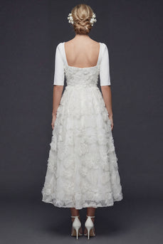 Sparkly White Floral A Line Beaded Half Sleeves Boho Maxi Wedding Reception Dress