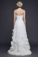 Load image into Gallery viewer, White A Line Strapless High-Low Boho Wedding Reception Dress with 3D Flowers