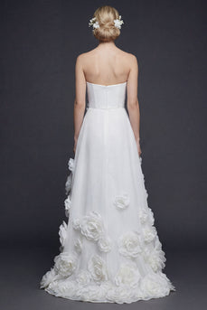 White A Line Strapless High-Low Boho Wedding Reception Dress with 3D Flowers