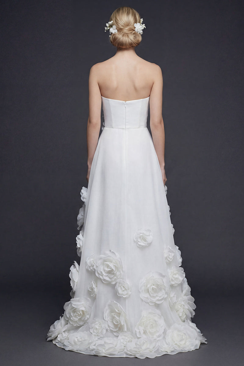 Load image into Gallery viewer, White A Line Strapless High-Low Boho Wedding Reception Dress with 3D Flowers