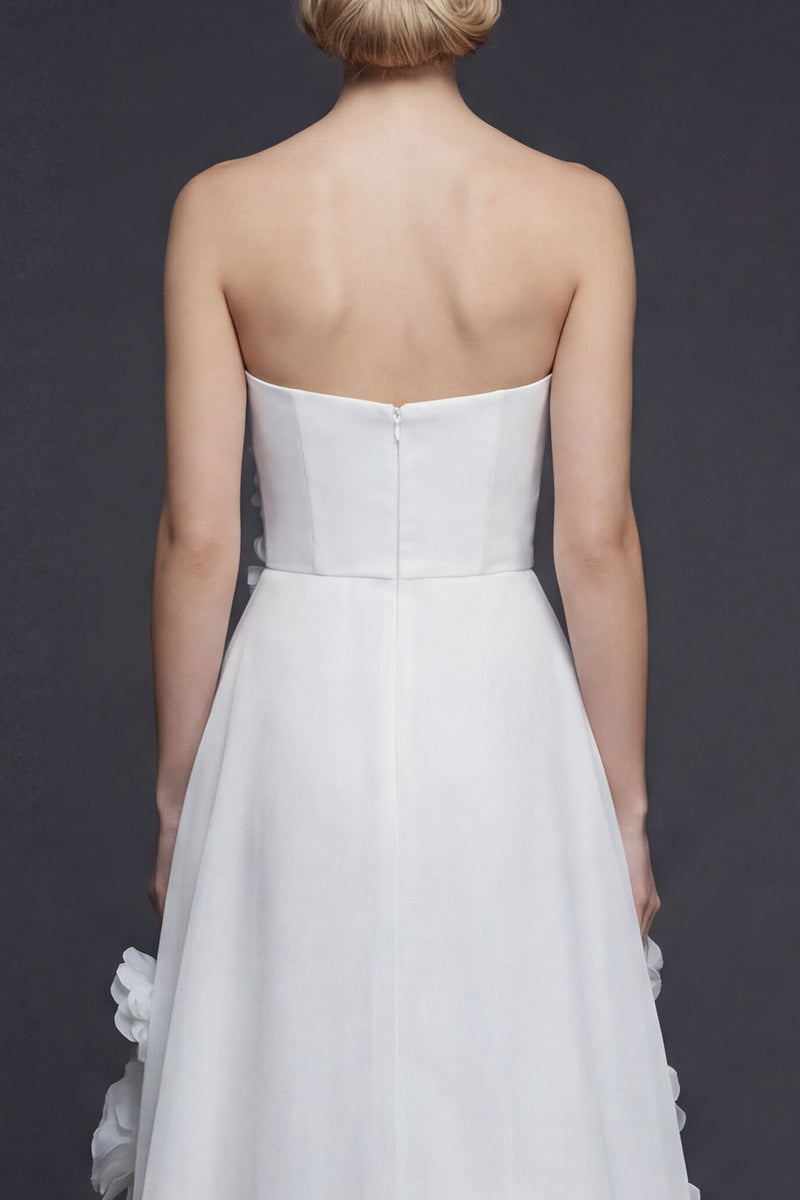 Load image into Gallery viewer, White A Line Strapless High-Low Boho Wedding Reception Dress with 3D Flowers