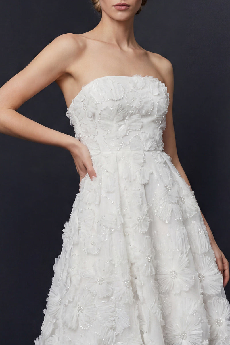 Load image into Gallery viewer, White Floral Boho A Line Strapless High-Low Wedding Reception Dress