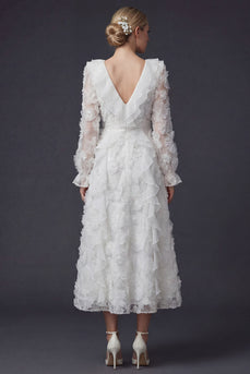 Sparkly White Ruffled Beaded Floral Boho Maxi Wedding Reception Dress with Sleeves