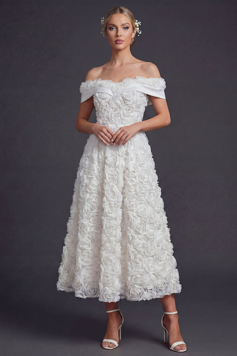 Load image into Gallery viewer, White Off the Shoulder A Line Maxi Boho Wedding Reception Dress with 3D Flowers