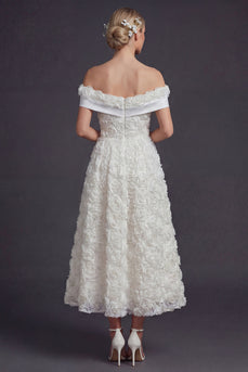 White Off the Shoulder A Line Maxi Boho Wedding Reception Dress with 3D Flowers