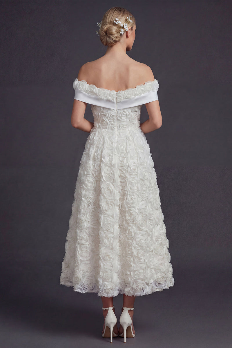 Load image into Gallery viewer, White Off the Shoulder A Line Maxi Boho Wedding Reception Dress with 3D Flowers
