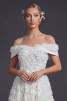 Load image into Gallery viewer, White Off the Shoulder A Line Maxi Boho Wedding Reception Dress with 3D Flowers