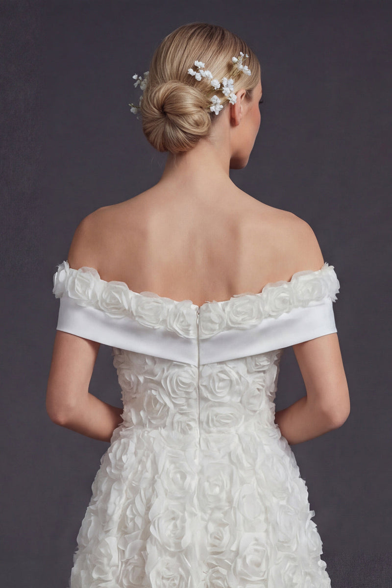 Load image into Gallery viewer, White Off the Shoulder A Line Maxi Boho Wedding Reception Dress with 3D Flowers