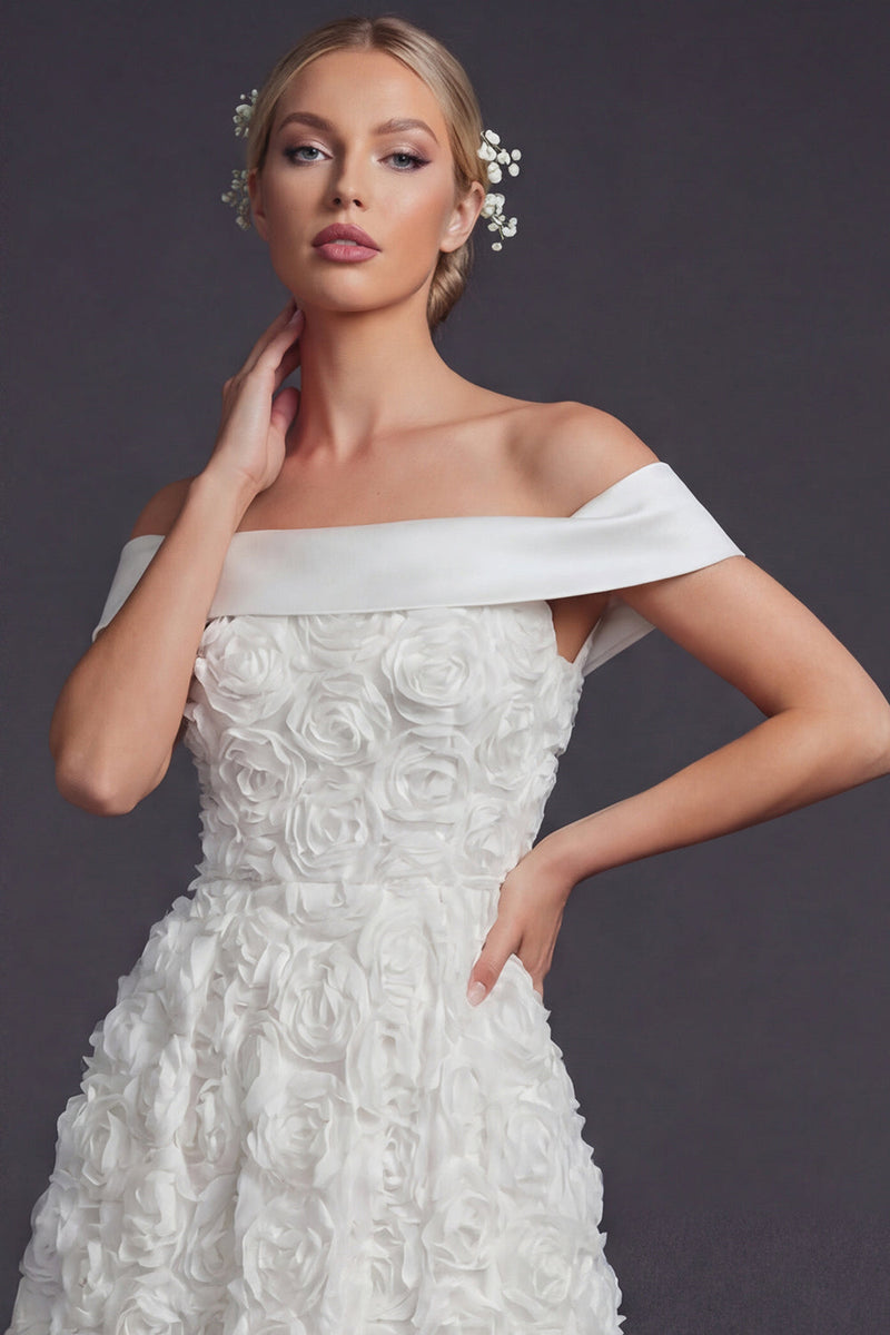 Load image into Gallery viewer, White Off the Shouler A Line Boho Maxi Wedding Reception Dress with 3D Flowers