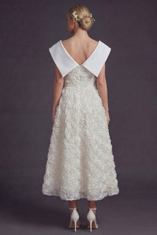 White V-Neck A Line Boho Maxi Wedding Reception Dress with 3D Flowers